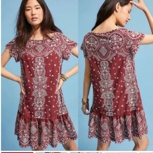 Anthropologie Feather bone Inez embroidered drop waist dress size S